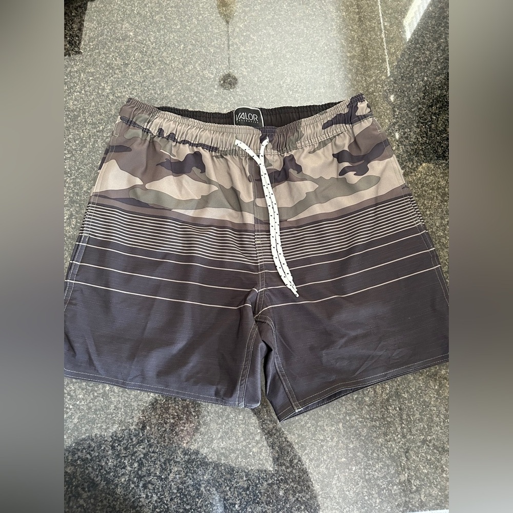 Gray Camo Valor Swim Shorts. Size medium